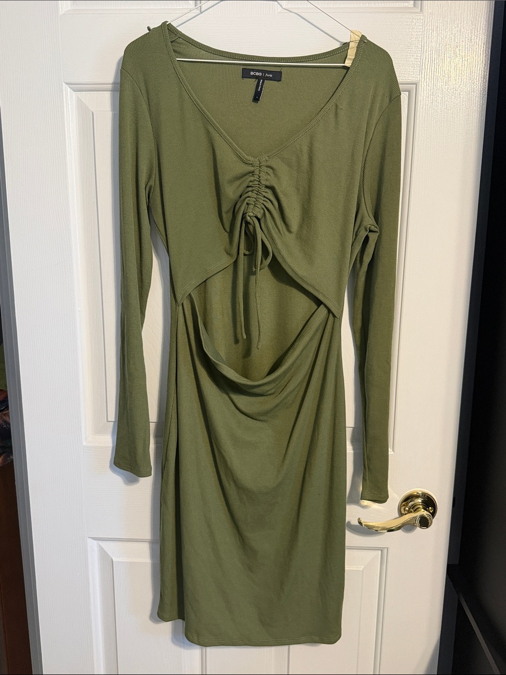 BCBG Paris Olive Green Long Sleeve Cutout Ruched Dress Ribbed Knit